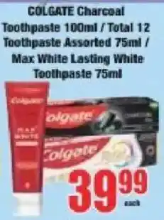 Boxer Colgate Charcoal Toothpaste/ Total 12 Toothpaste Assorted/ Max White Lasting White Toothpaste offer