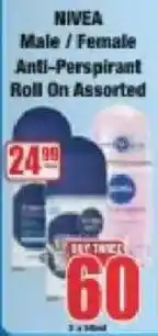Boxer Nivea Male/ Female Anti-Perspirant Roll On Assorted offer