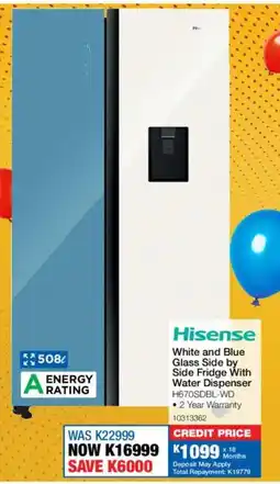 OK Furniture Hisense White and Blue Glass Side by Side Fridge With Water Dispenser offer