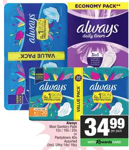 Spar Always Maxi Sanitary Pads or Pantyliners Assorted offer