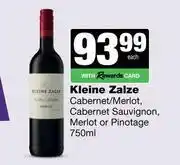 Spar Tops Kleine Zalze Cabernet/Merlot, Cabernet Sauvignon, Merlot Or Pinotage-750ml Each offer