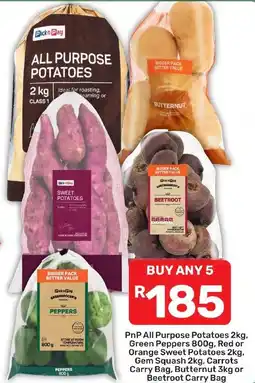 Pick n Pay Hypermarket PnP All Purpose Potatoes, Green Peppers, Red or Orange Sweet Potatoes, Gem Squash, Carrots, Butternut or Beetroot Carry Bag offer
