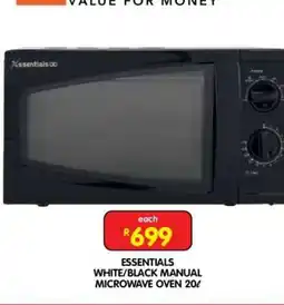 Shoprite ESSENTIALS WHITE/BLACK MANUAL MICROWAVE OVEN 20L offer