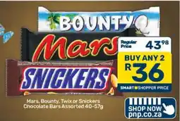 Pick n Pay Mars, Bounty, Twix or Snickers Chocolate Bars Assorted 40–57g offer