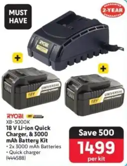 Makro Ryobi 18 V Li-ion Quick Charger, & 3000 mAh Battery Kit offer