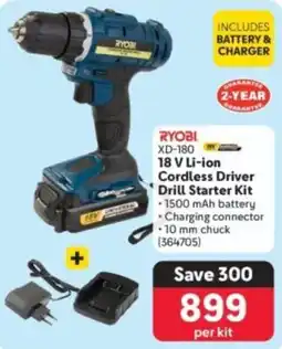 Makro Ryobi 18 V Li-ion Cordless Driver Drill Starter Kit offer