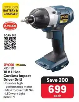 Makro Ryobi 18 V Li-ion Cordless Impact Driver Drill offer