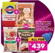 Game Snowflake Cake Wheat Flour 10Kg+Aunt Caroline Rice 10Kg+Tastic Long Grain Parboiled Rice 10Kg-For Al offer