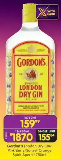Shoprite Gordon's London Dry Gin/ Pink Berry/ Sunset Orange Spirit Aperitif offer
