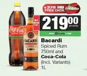 Spar Tops Bacardi Spiced Rum 750ml & Coca-Cola (Incl Variants) 1Ltr-For Both Per Pack offer