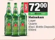 Spar Tops Heineken Lager Quarts (Excl Bottle Deposit)-For 3 x 650ml offer