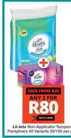 Checkers Lil-lets Non-Applicator Tampons & Pantyliners offer