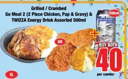 Boxer Go Meal 2 (2 Piece Chicken, Pap & Gravy) & TWIZZA Energy Drink Assorted 500ml offer