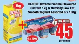 Boxer DANONE Ultramel Vanilla Flavoured Custard 1kg & Nutriday Low Fat Smooth Yoghurt Assorted 6 x 100g offer