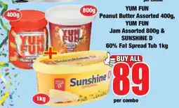 Boxer YUM FUN Peanut Butter Assorted 400g, YUM FUN Jam Assorted 800g & SUNSHINE D 60% Fat Spread Tub 1kg offer