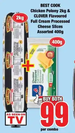 Boxer BEST COOK Chicken Polony 2kg & CLOVER Flavoured Full Cream Processed Cheese Slices Assorted 400g offer