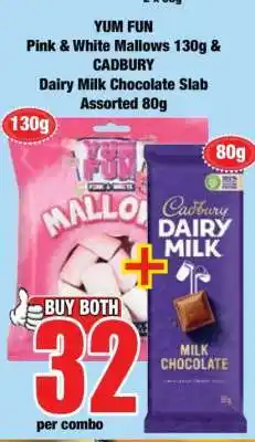 Boxer YUM FUN Pink & White Mallows 130g & CADBURY Dairy Milk Chocolate Slab Assorted 80g offer