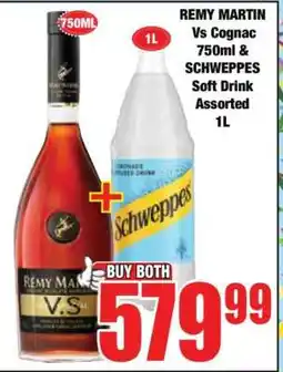 Boxer REMY MARTIN Vs Cognac 750ml & SCHWEPPES Soft Drink Assorted 1L offer
