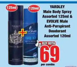 Boxer YARDLEY Male Body Spray Assorted 125ml & EVOLVE Male Anti-Perspirant Deodorant Assorted 120ml offer