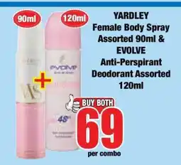 Boxer YARDLEY Female Body Spray Assorted 90ml & EVOLVE Anti-Perspirant Deodorant Assorted 120ml offer
