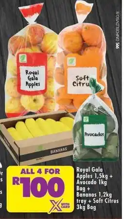 Shoprite Royal Gala Apples 1,5kg + Avocado 1kg Bag + Bananas 1,2kg tray + Soft Citrus 3kg Bag offer