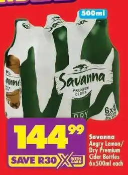 Shoprite Savanna Angry Lemon/Dry Premium Cider Bottles 6x500ml each offer