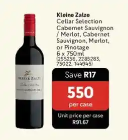 Makro’s liquor Kleine Zalze Cellar Selection Cabernet Sauvignon/ Merlot, Cabernet Sauvignon, Merlot, or Pinotage offer