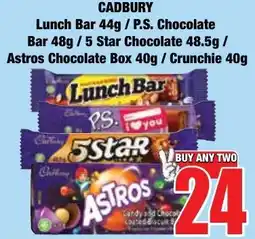 Boxer Superstores Cadbury Lunch Bar/ P.S. Chocolate Bar/ 5 Star Chocolate/ Astros Chocolate Box/ Crunchie offer
