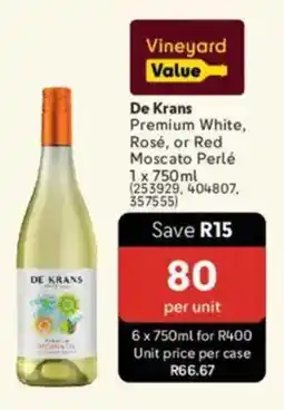 Makro’s liquor De Krans Premium White, Rosé, or Red Moscato Perlé offer