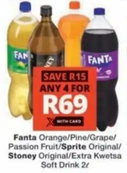 Checkers Hyper Fanta Orange/ Pine/ Grape/ Passion Fruit/ Sprite Original/ Stoney Original/ Extra Kwetsa Soft Drink offer