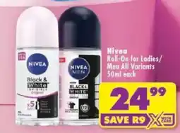 Shoprite Nivea Roll-On for Ladies/ Men All Variants offer