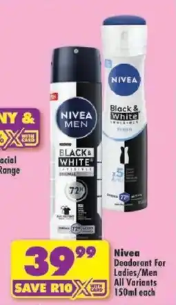Shoprite Nivea Deodorant For Ladies/ Men All Variants offer