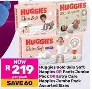 Game Huggies Gold Skin Soft Nappies OR Pants Jumbo Pack OR Extra Care Nappies Jumbo Pack offer