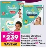 Game Pampers Ultra Skin Jumbo Pack OR Premium Care Value Pack Nappies OR Pants offer