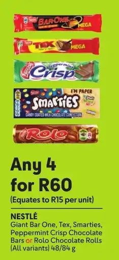 Makro Nestlé Giant Bar One, Tex, Smarties, Peppermint Crisp Chocolate Bars or Rolo Chocolate Rolls offer