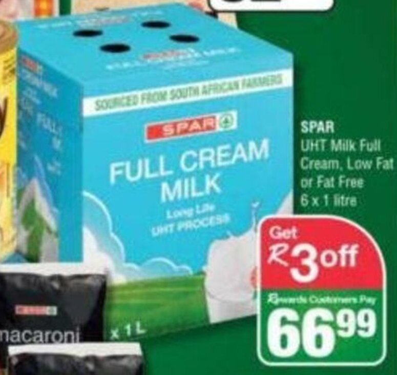 Spar UHT Milk Full Cream, Low Fat or Fat Free 6 x 1 Litre offer at Spar