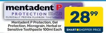 Mentadent P Protection, Gel Protection, Micrograin, Herbal or Sensitive Toothpaste 100ml Each