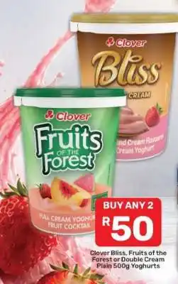 Pick n Pay Clover Bliss, Fruits of the Forest or Double Cream Plain 500g Yoghurts offer