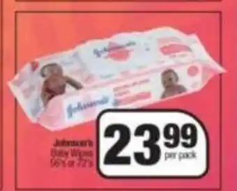 Spar Johnson's Baby Wipes 56's or 72's offer
