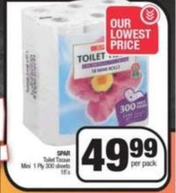 Spar Toilet Tissue Mini 1 Ply 300 Sheets 18's offer at Spar