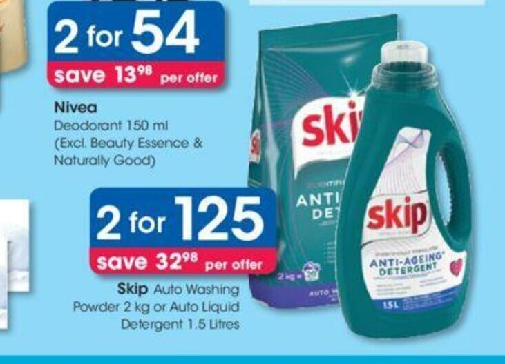 Clicks Skip Auto Washing Powder 2kg or Auto Liquid Detergent 1.5 Litres offer