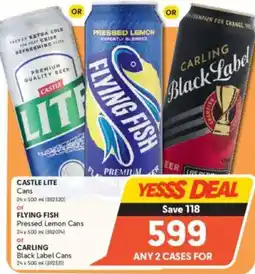 Makro Castle Lite Cans or Flying Fish Pressed Lemon Cans or Carling Black Label Cans offer