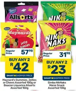 Pick n Pay Hypermarket Maynard’s Gummies, Jellies or Chews Assorted 100g or Beacon Liquorice Allsorts Assorted 150g offer