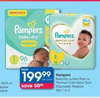 Clicks Pampers Baby-Dry Jumbo Pack or Premium Care Value Pack Disposable Nappies Size 1 or 2 offer