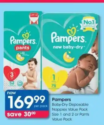 Clicks Pampers Baby-Dry Disposable Nappies Value Pack Size 1 and 2 or Pants Value Pack offer