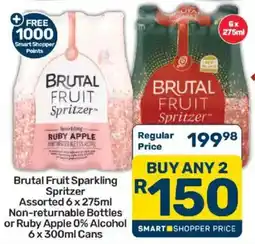 Pick n Pay Liquor Brutal Fruit Sparkling Spritzer Assorted Non-returnable Bottles or Ruby Apple 0% Alcohol Cans offer
