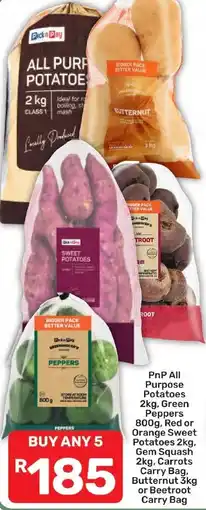 Pick n Pay Hypermarket PnP All Purpose Potatoes, Green Peppers, Red or Orange Sweet Potatoes, Gem Squash, Carrots, Butternut or Beetroot Carry Bag offer