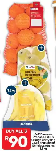 Pick n Pay Hypermarket PnP Bananas Prepack, Citrus Orange Carry Bag and Golden Delicious Apples offer