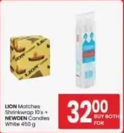 Saverite Lion Matches Shrinkwrap and Newden Candles White offer