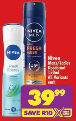 Shoprite Nivea Mens/ Ladies Deodorant offer